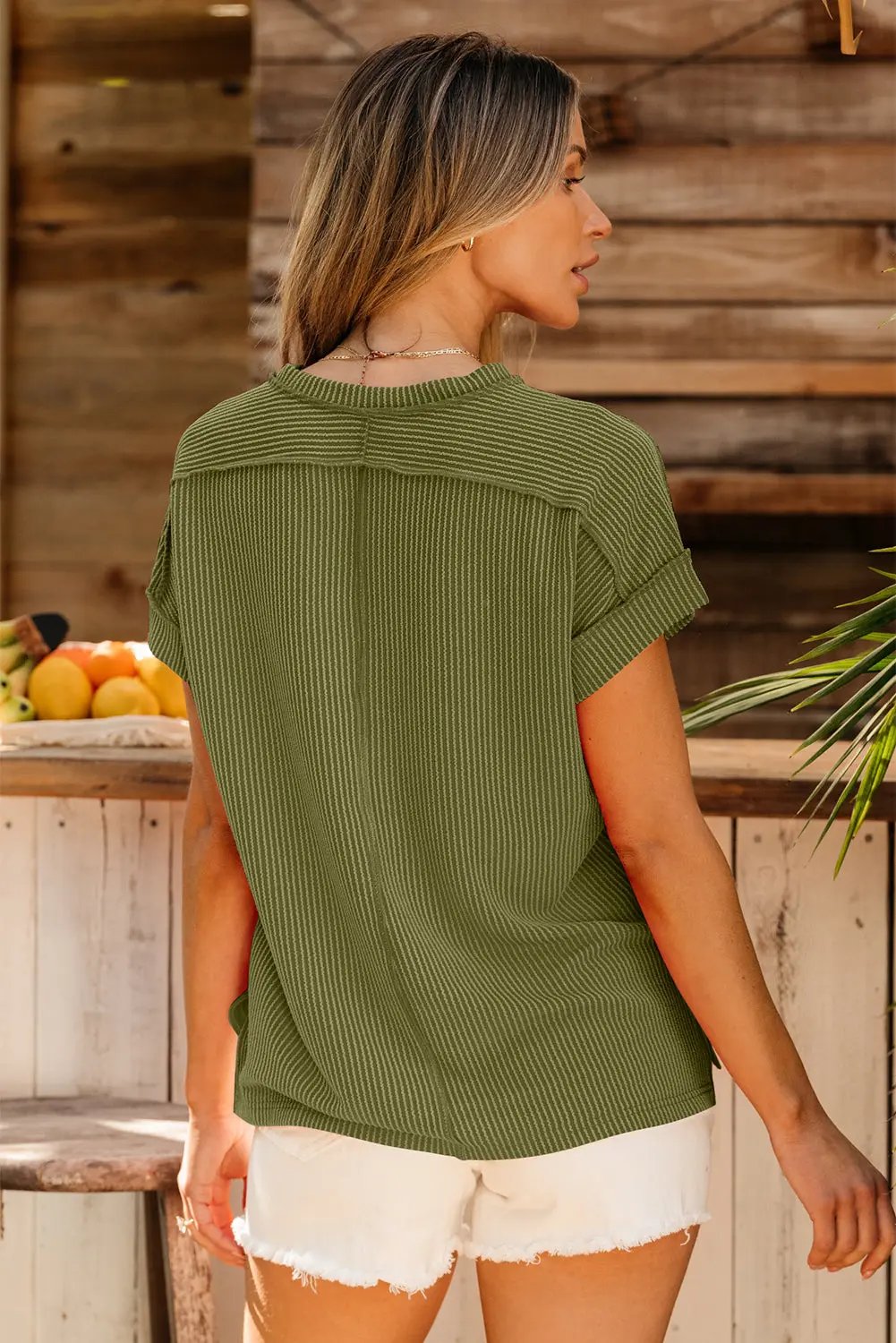 Jungle Green Textured Knit T Shirt with Exposed Stitching - Love Salve